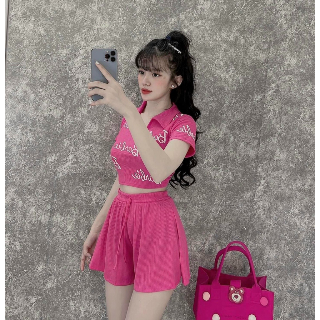 Sét bộ đùi cá tính thời trang mùa hè siêu xinh,áo croptop cổ bẻ in chữ phong cách trẻ trung