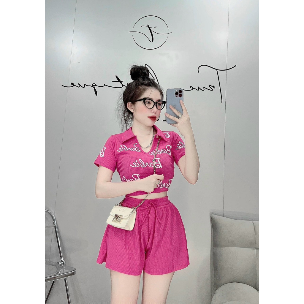 Sét bộ đùi cá tính thời trang mùa hè siêu xinh,áo croptop cổ bẻ in chữ phong cách trẻ trung