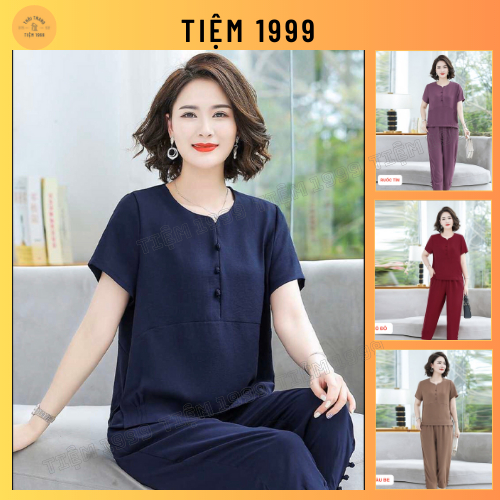 Bộ Đũi Thái Trung Niên Cho Mẹ, Bộ mặc ở nhà trung niên ống lửng cho người lớn tuổi Đ1999