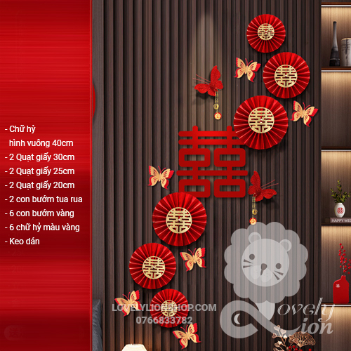 Set quạt giấy và chữ hỷ trang trí đám cưới
