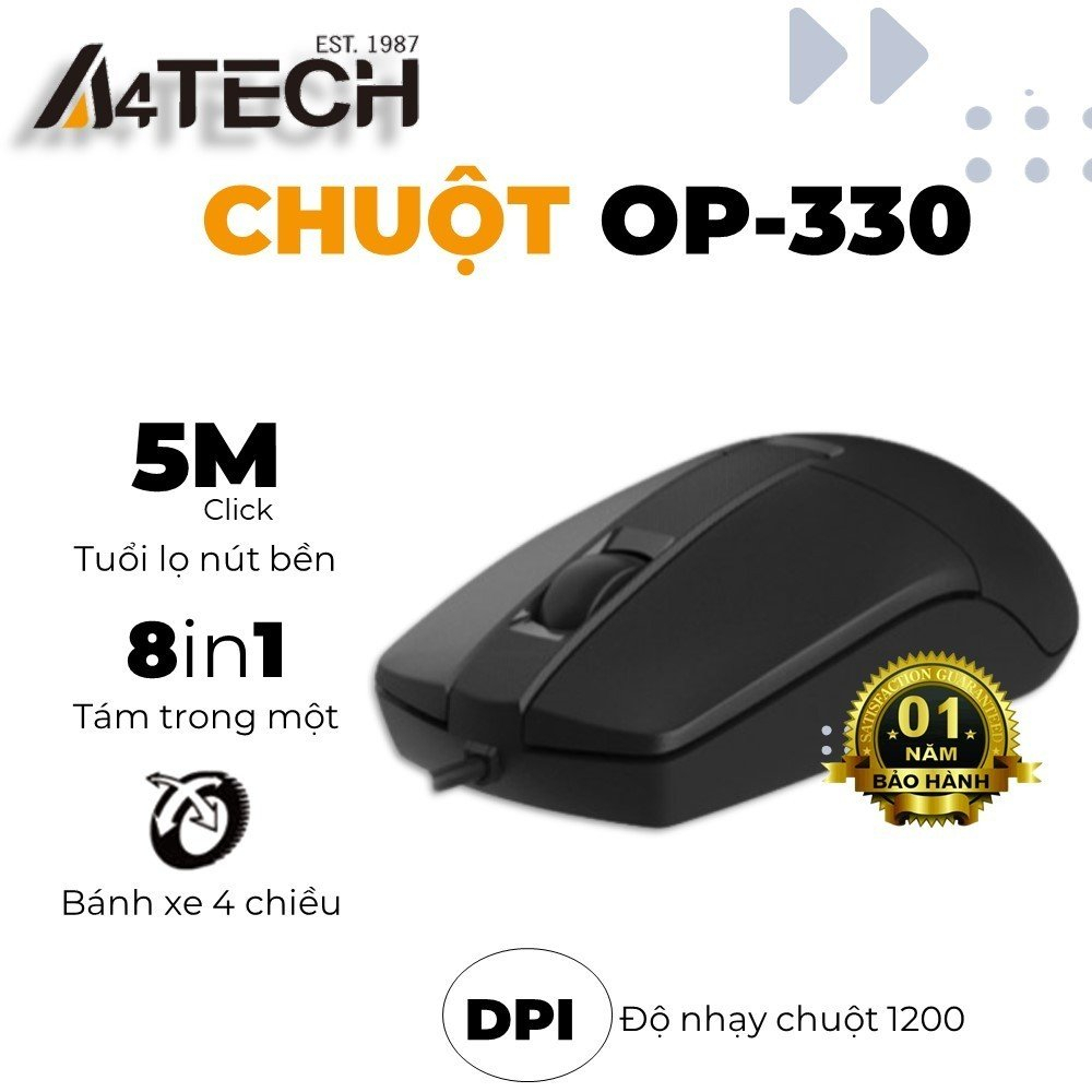 Chuột có dây A4 Tech OP-330, Độ phân giải1000 DPI, Chiều dài dây150 cm, Full Box, Hàng chính hãng, Bảo hành 12 tháng