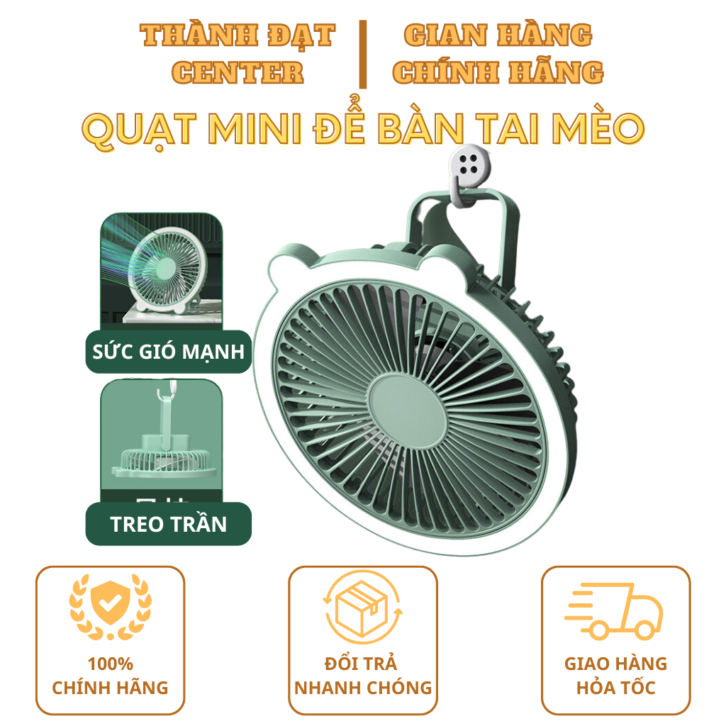 QUẠT ĐỂ BÀN TREO TƯỜNG TAI MÈO CÓ ĐÈN NGỦ, Quạt Để Bàn Mini Cực Mát Nhỏ Gọn Tiện Lợi Khi Mang Theo