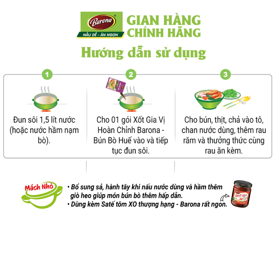 Combo 3 Gói Gia Vị Bún Bò Huế Barona 110g ướp ngon chuẩn vị không cần nêm nếm