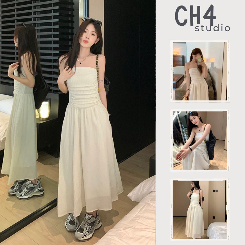 Váy cúp ngực, Đầm dáng xoè dài màu trắng ngà tiểu thư bánh bèo