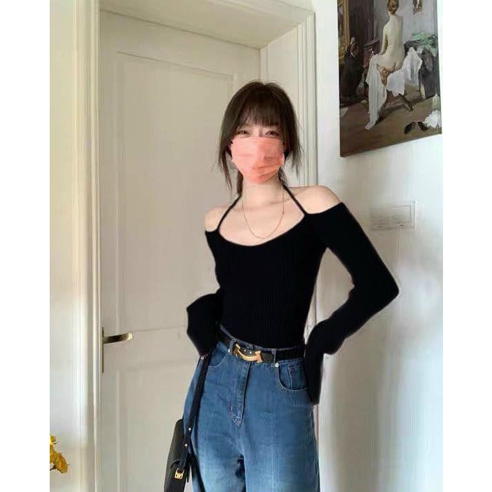 Áo trễ vai lụa UA628B thun lụa tay dài hở vai hàn quốc sexy Áo croptop ôm body ngắn tay khoét lưng siêu tôn eo