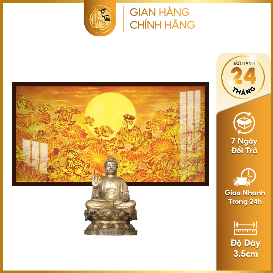 Đèn Hào Quang Phật TỪ TÂM, Tranh Trúc Chỉ NGANG, Hào Quang LED, Trang Trí Bàn Thờ Phật, Mẫu Tranh HOA SEN TUTAM-TC10