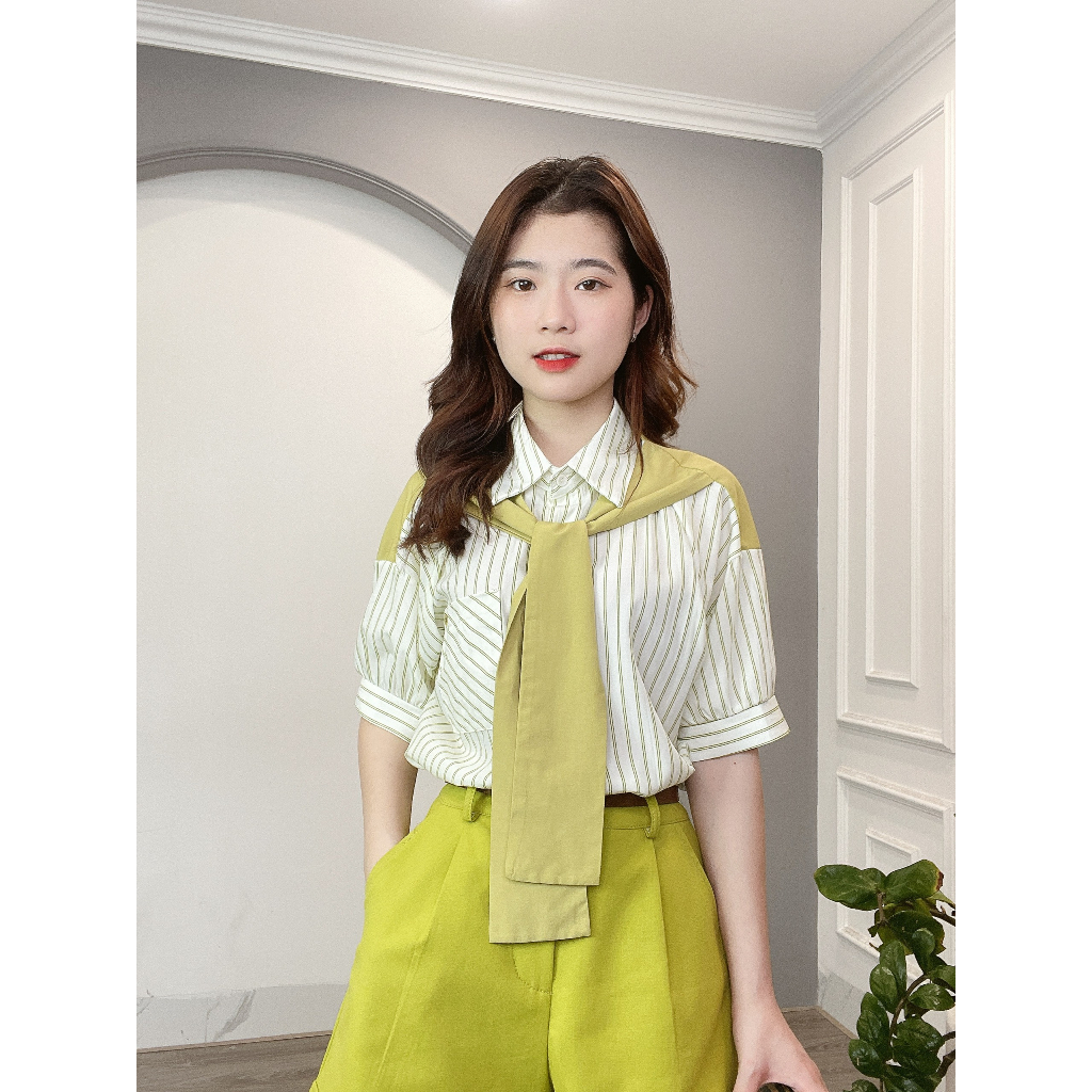 Áo Sơ Mi Kẻ Kèm Khăn 1 Túi 2366 Min House