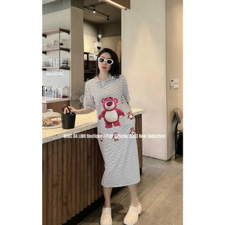 Váy Đầm Phông Suông Hình Gấu Cực Xinh,Đầm Thun Gân Sọc Ngang Thoáng Mát