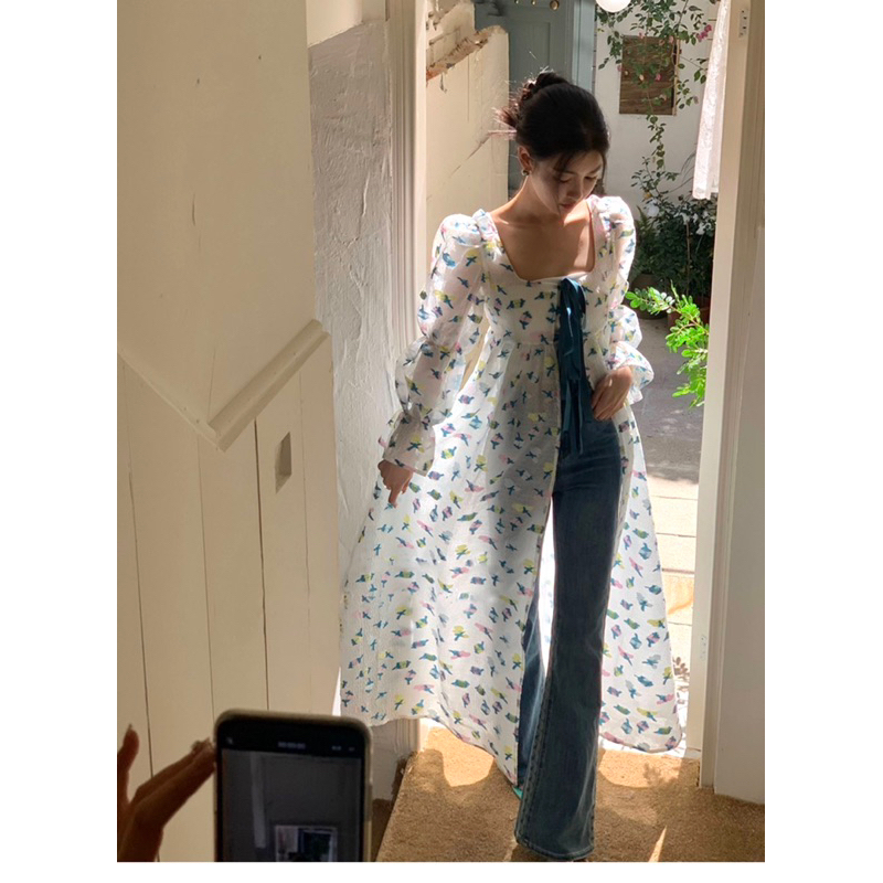 Áo xẻ tà thiết kế kiểu Rose, Đầm nữ dáng dài thắt nơ thêu hoạ tiết phong cách thanh lịch