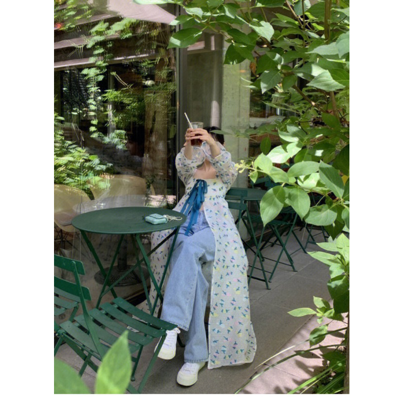 Áo xẻ tà thiết kế kiểu Rose, Đầm nữ dáng dài thắt nơ thêu hoạ tiết phong cách thanh lịch