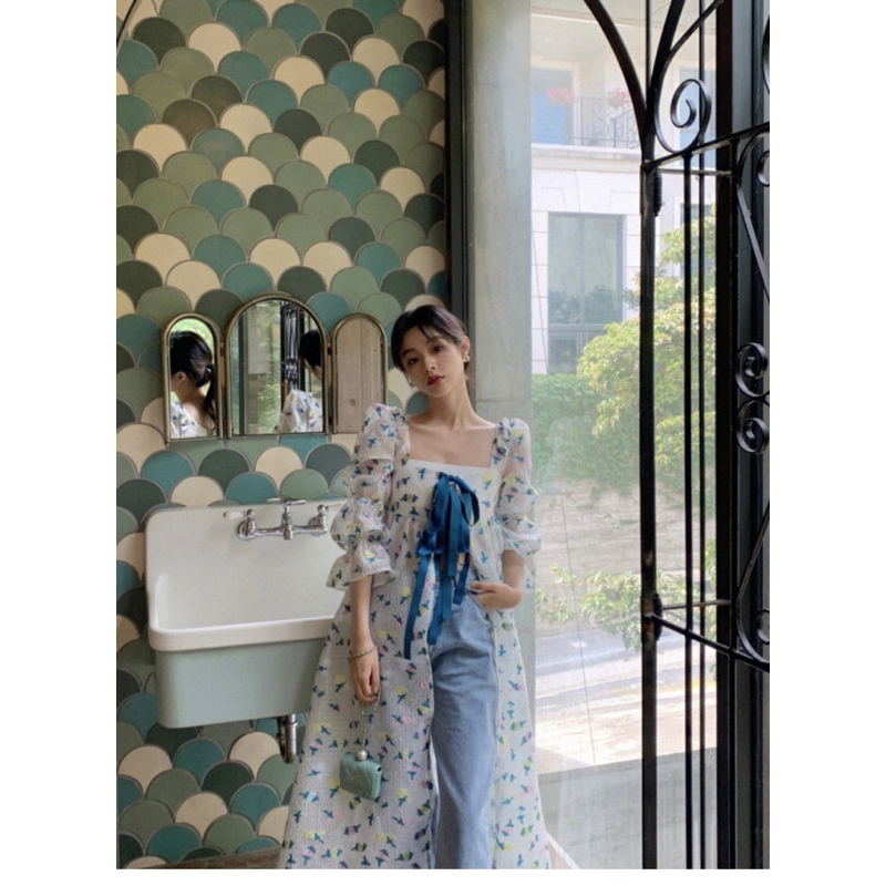 Áo xẻ tà thiết kế kiểu Rose, Đầm nữ dáng dài thắt nơ thêu hoạ tiết phong cách thanh lịch