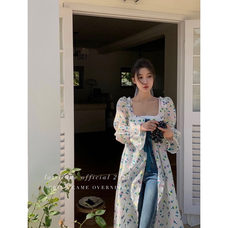 Áo xẻ tà thiết kế kiểu Rose, Đầm nữ dáng dài thắt nơ thêu hoạ tiết phong cách thanh lịch