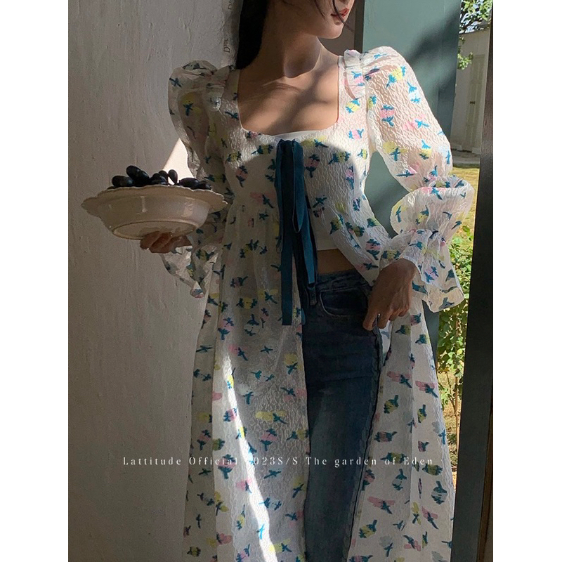 Áo xẻ tà thiết kế kiểu Rose, Đầm nữ dáng dài thắt nơ thêu hoạ tiết phong cách thanh lịch