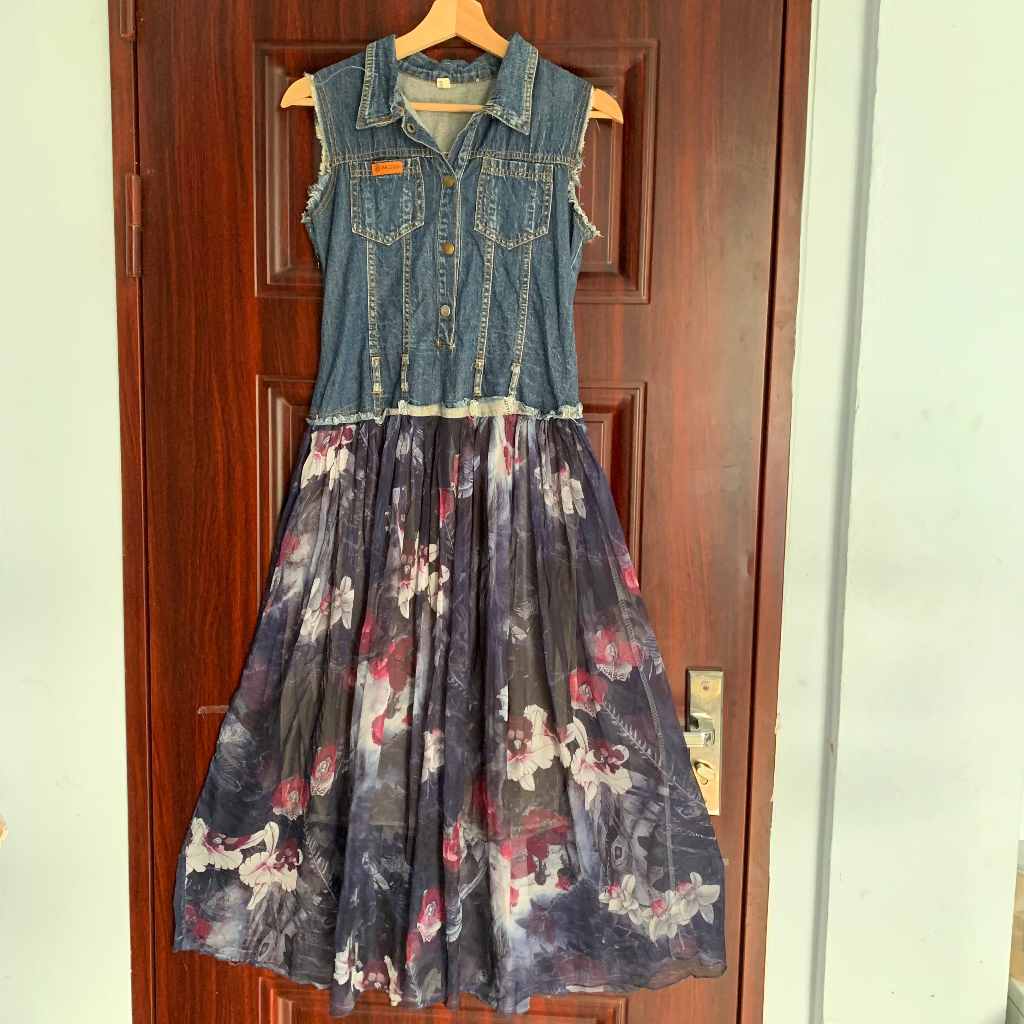 Váy voan 2hand kết hợp jean xát nách vintange size M 40-55kg