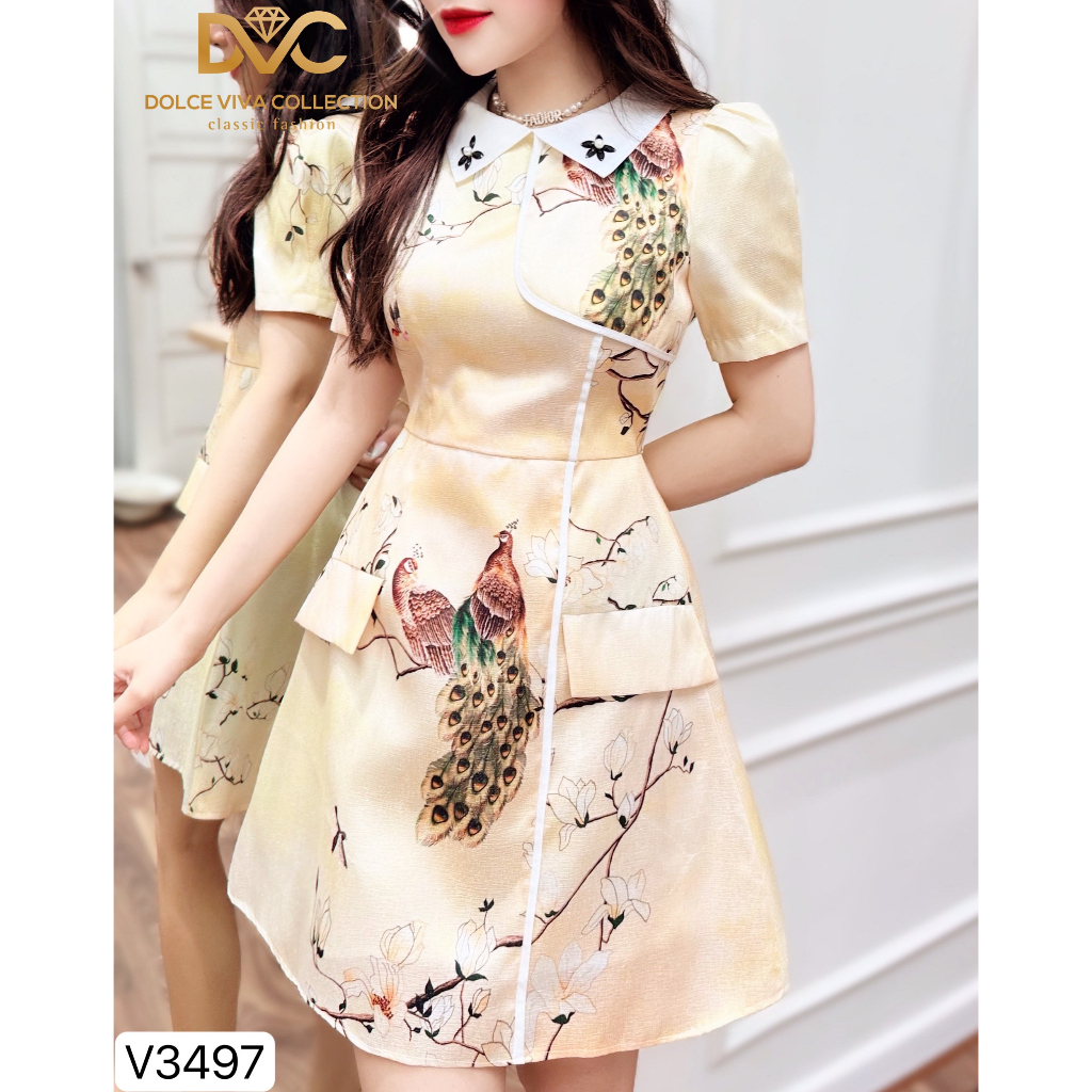 VÁY TAFTA HOẠ TIẾT CON CÔNG CỔ BẺ ĐÍNH ĐÁ V3497- DVC