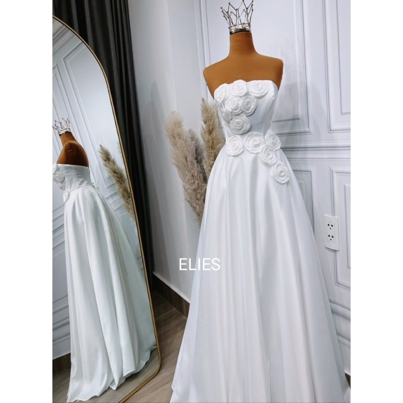 [SẴN] ELIES đầm cưới cúp ngực trắng đi bàn dây rút eo, váy cưới kết hoa