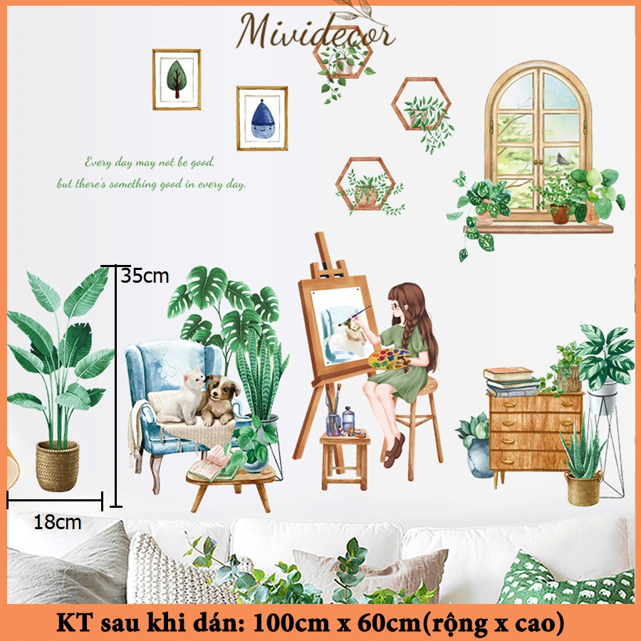 Decal dán tường phòng ngủ MIVIDECOR cô gái vẽ tranh
