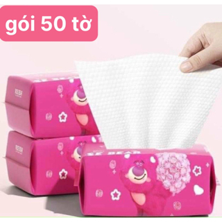 Khăn giấy hot trend gấu dâu vải cotton dày dùng lau mặt, tẩy trang đa năng du lịch - Khăn mặt dùng 1 lần loại khô 50 tờ