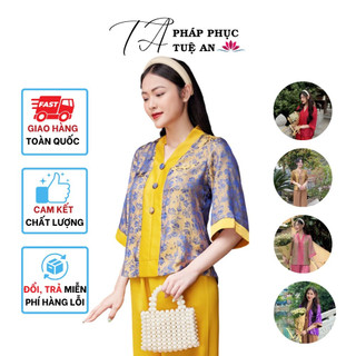Đồ lam đi chùa cổ v lụa cao cấp, bộ đi lễ, pháp phục đi chùa họa tiết trang nhã - tuệ an