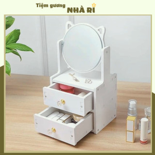 Tủ đựng mỹ phẩm 2 ngăn có kèm gương tai mèo - kệ mỹ phẩm 2 tầng đa năng