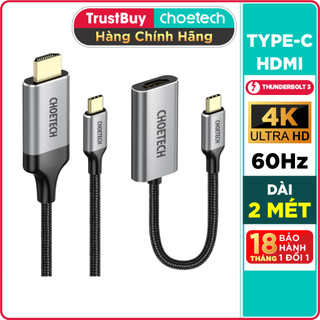 Bộ cáp type c to hdmi dài 2m phân giải 4k 60hz kèm đầu chuyển c to hdmi thunderbolt 3 choetech ch0033-bk- hàng chính hãn
