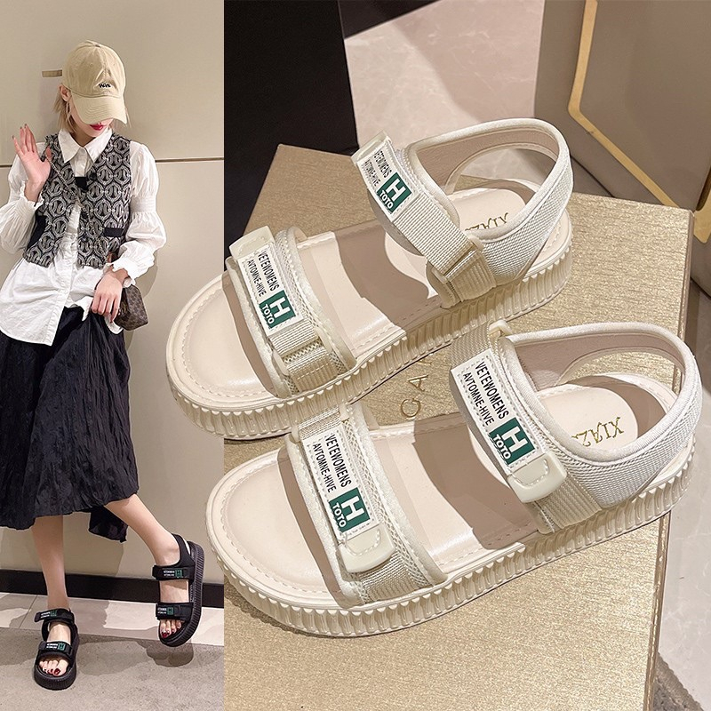 Sandal nữ học sinh quai dán 2 màu, Xăng đan đế bằng kiểu dáng quai hậu phong cách trẻ trung