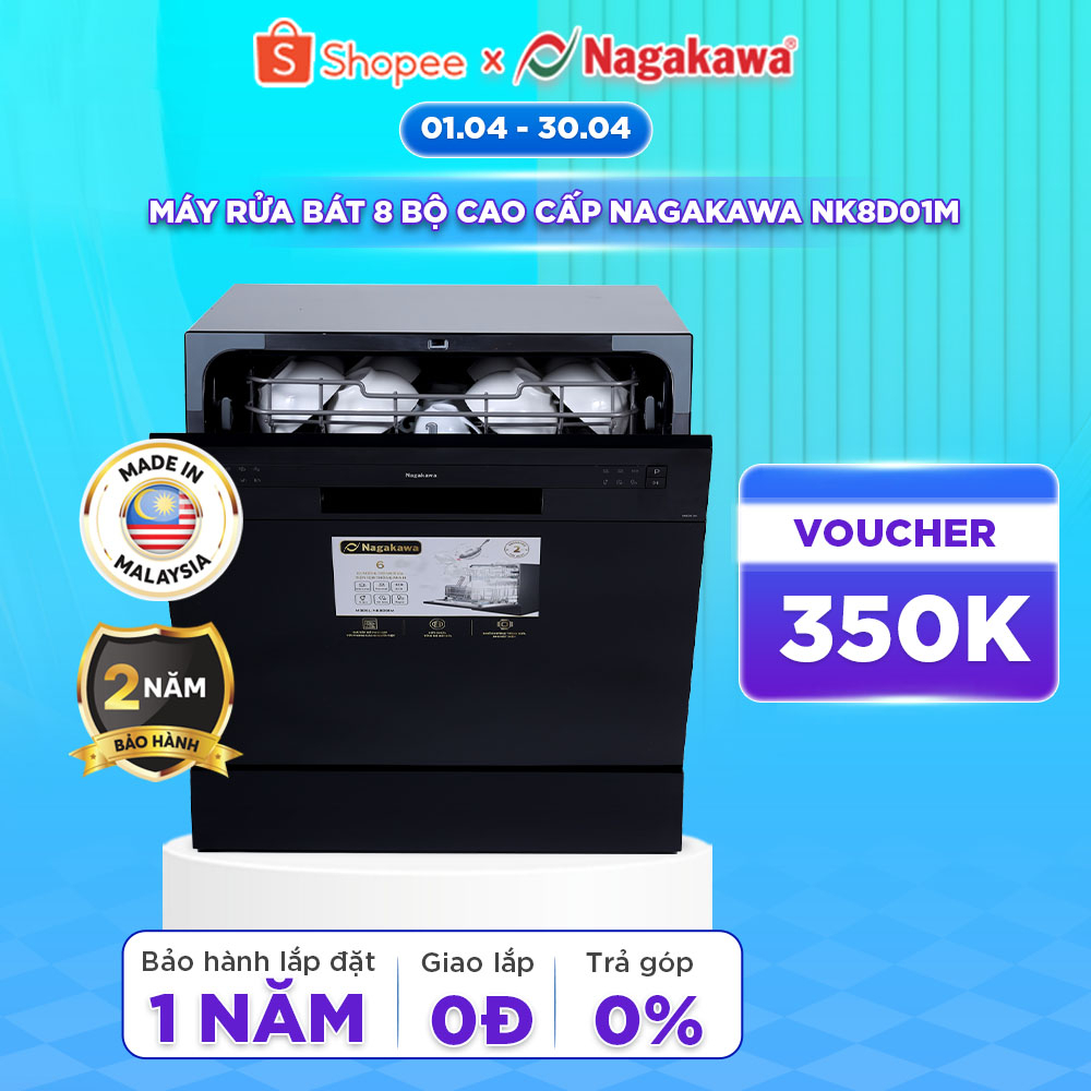 Máy rửa bát 8 bộ cao cấp Nagakawa NK8D61M - Bảo hành 2 năm - Made in Malaysia