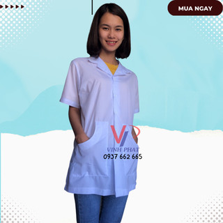 Áo Blue, Blouse trắng Dáng Ngắn Ngang Đùi Cao Cấp Cho Nữ Túi Chéo- Hình Thật