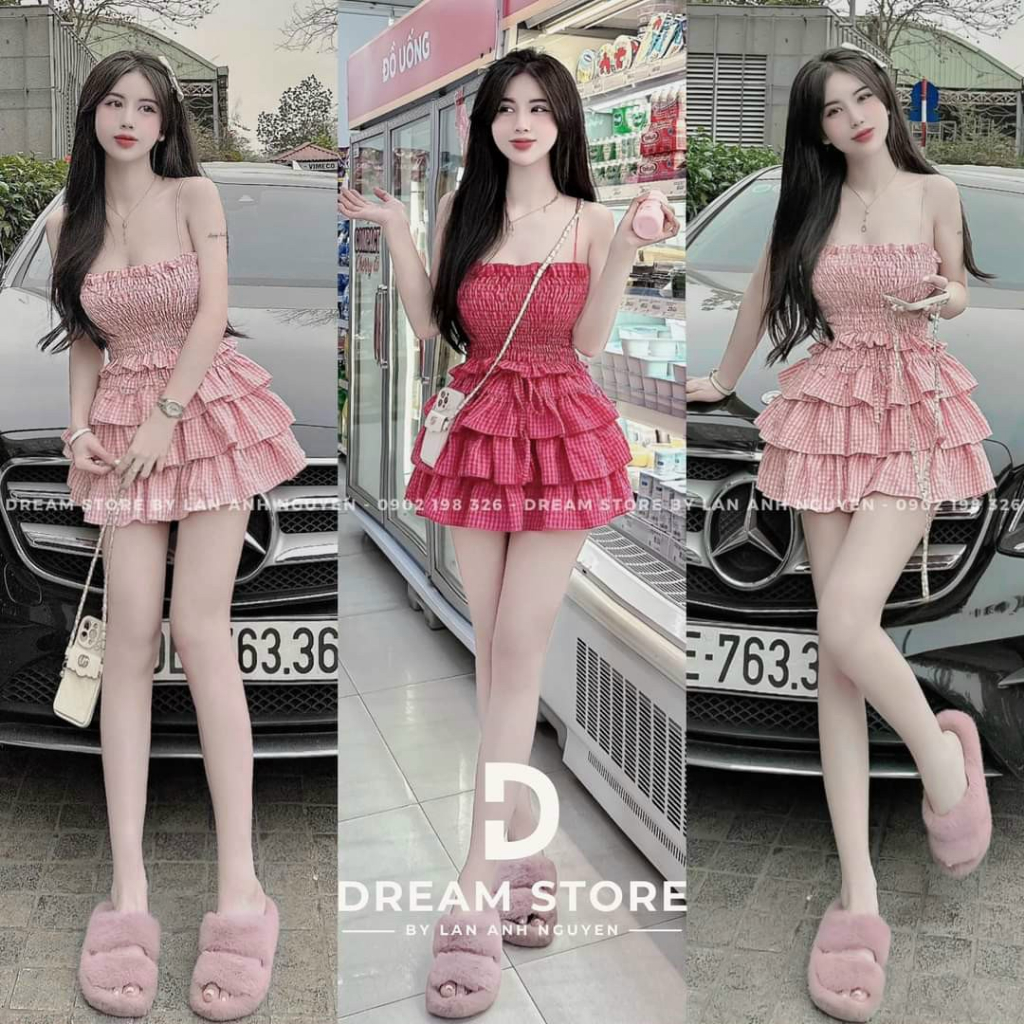 Set lụa xốp kẻ caro áo ống nhúng phối chân váy xòe tầng siêu dễ thương dành cho các tình yêu đi chơi, đi biển