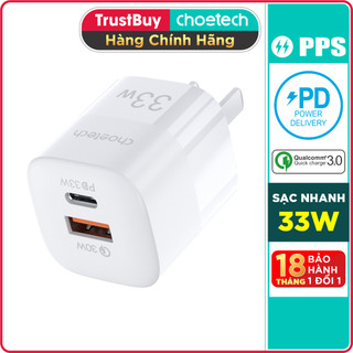 Adapter củ sạc nhanh 33w pps pd 3.0, 1 cổng type-c, 1 cổng usb-a choetech pd5006 - hàng chính hãng