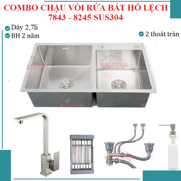 Combo chậu rửa bát inox 304 hố lệch vòi rửa bát nóng lạnh inox 304 Vuông bộ xả chậu, rổ inox, bình xà phòng-Dày 2,7li