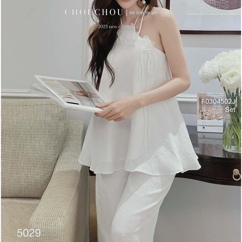 Set áo croptop cúp ngực 2 dây bảng kèm quần dài ống rộng tôn dáng transtore