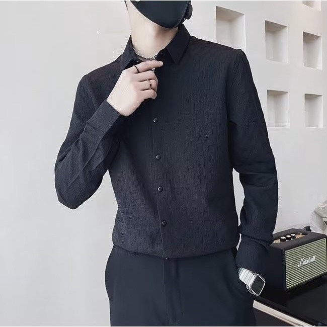 Áo sơ mi tay dài họa tiết dập nổi chất cotton thoáng mát