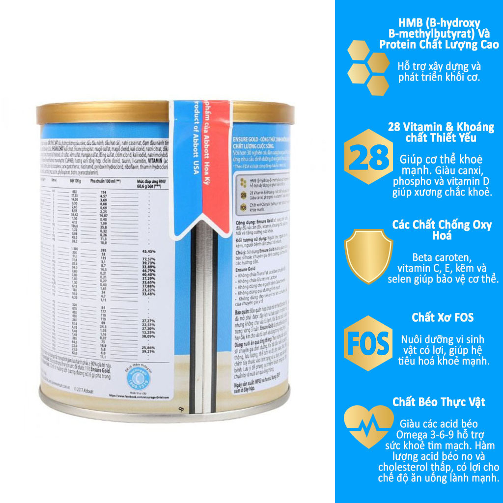 Combo 2 Hộp Sữa Bột Abbott Ensure Gold HMB Hương Vani/ Vani Ít Ngọt/ Ensure Đức Powder Vanille-Geschmask Hộp 400g