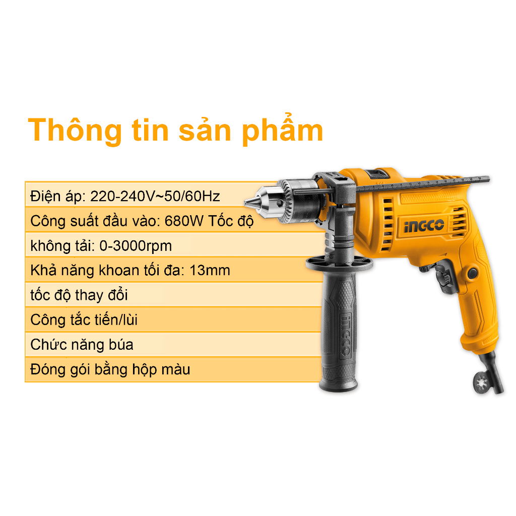 Máy khoan búa Ingco ID6808E 680W có chức năng khoan động lực