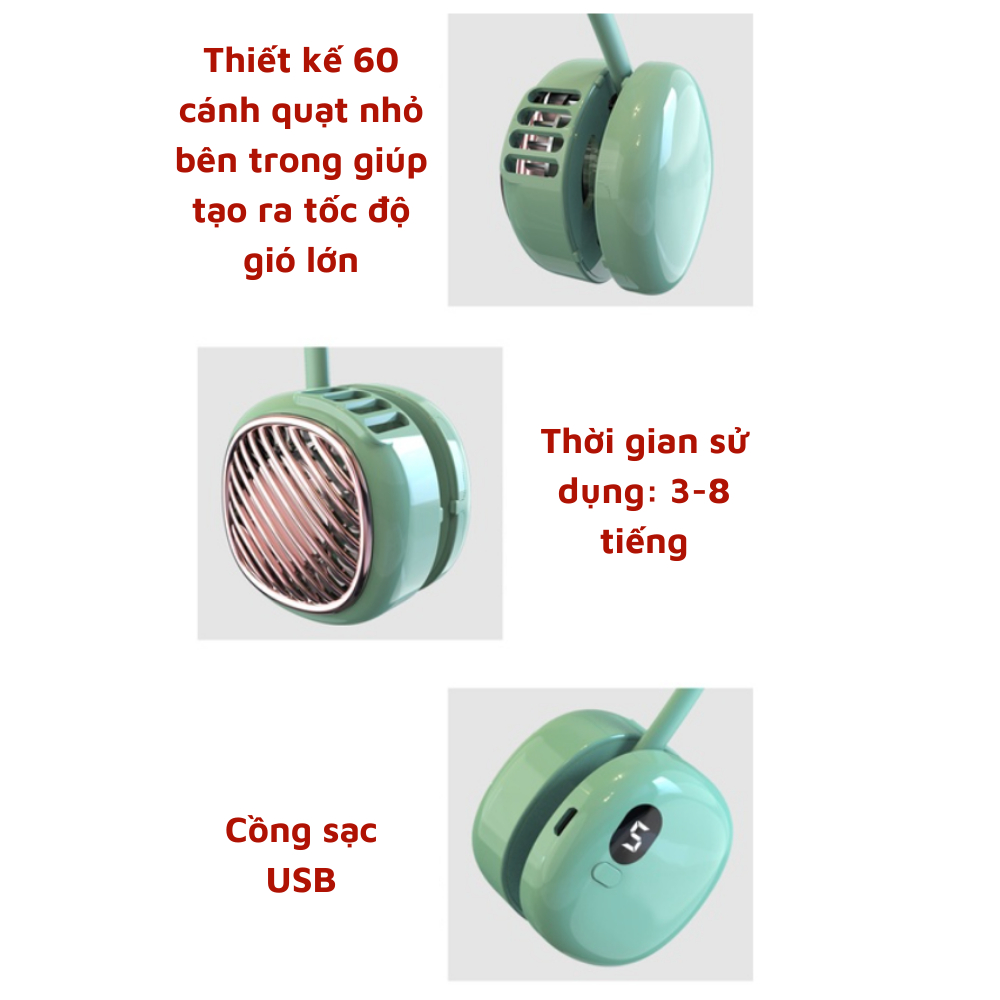 Quạt đeo cổ tích điện mini quạt 4 tốc độ dung lượng pin 1800mAH phù hợp cho gia đình nhỏ hoặc văn phòng