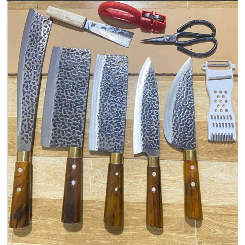 Bộ Dao Thép Dập Vân Cao cấp 9 Món, Cam Kết Hàng Chuẩn Chất Lượng
