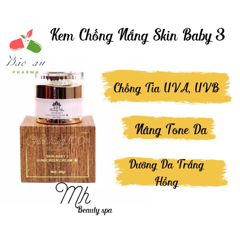 Kem chống nắng Skin Baby 3 SPF 50+, Kem chống nắng vân gỗ MH Beauty Spa dưỡng da trắng hồng, ngừa nám, mụn