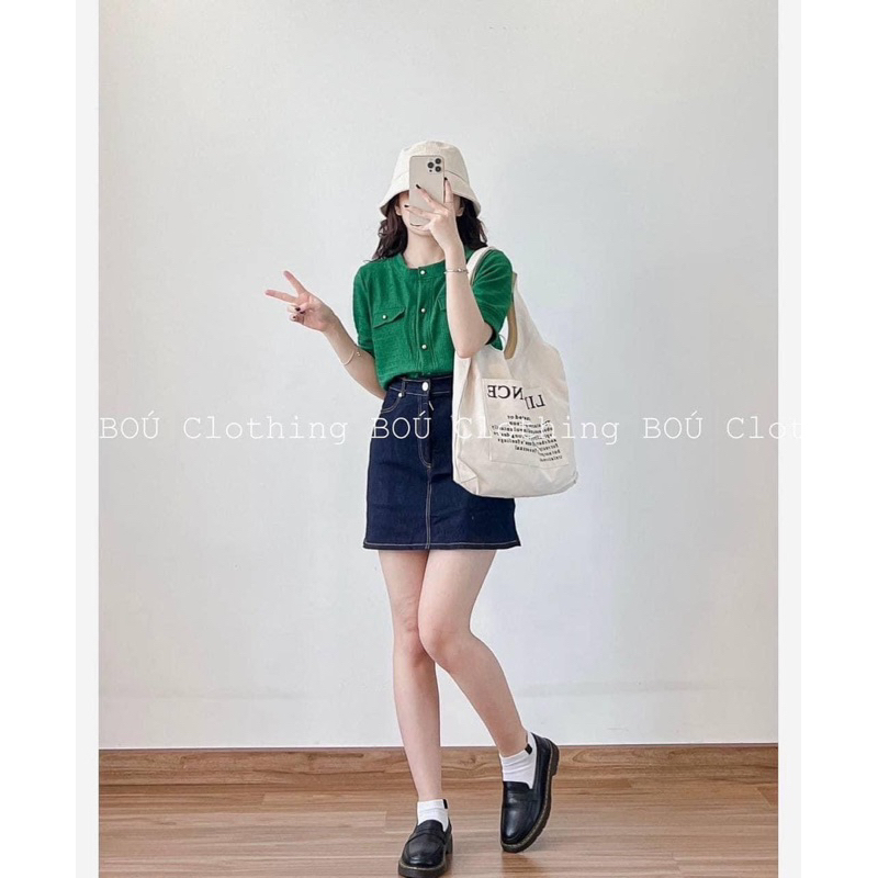 SET ÁO LEN XANH CỔ TRÒN CHÂN VÁY JEAN