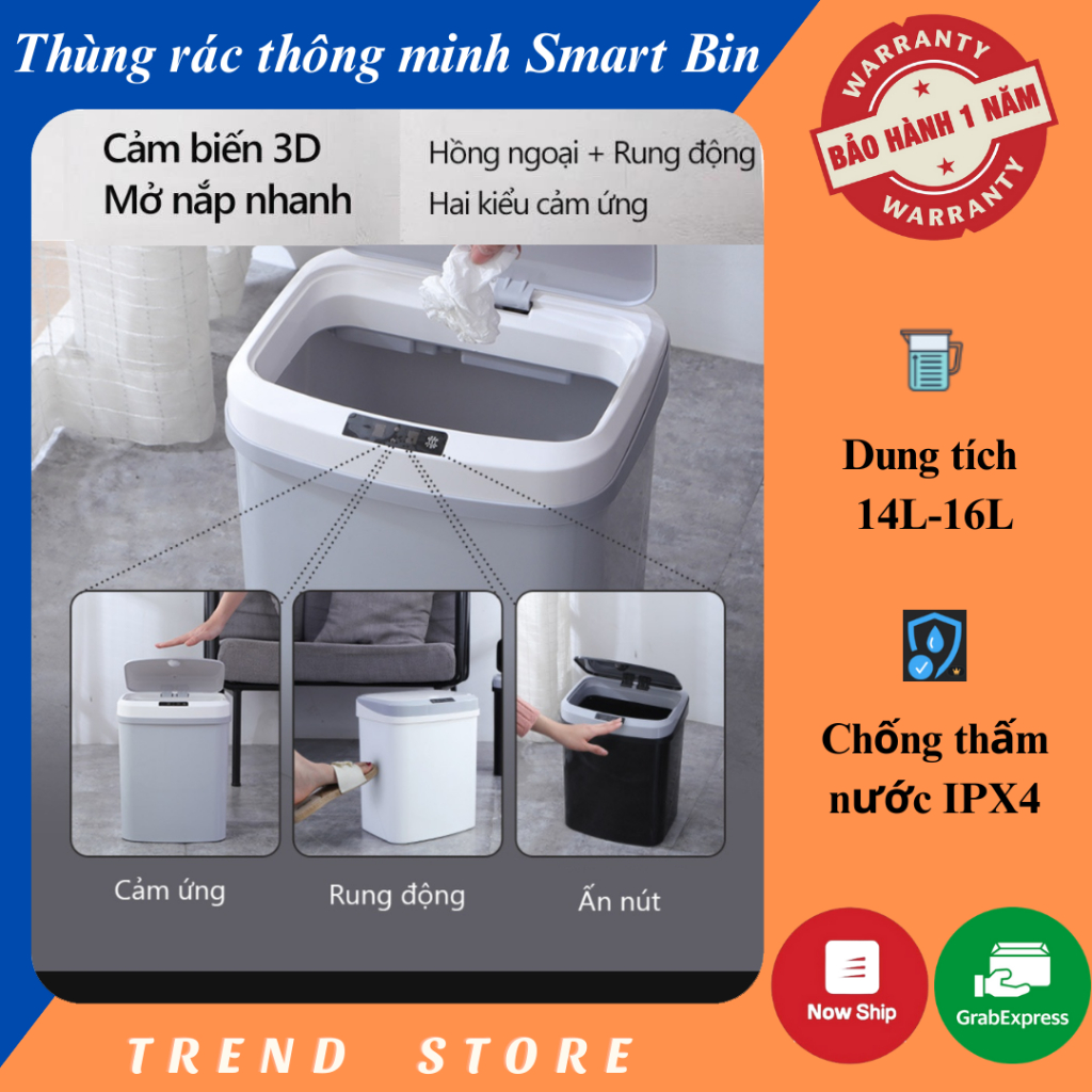 Thùng rác thông minh Smart Bin, chất liệu nhựa PP cao cấp, thiết kế hiện đại, chế độ đóng mở tự động bằng cảm ứng