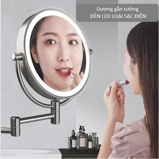 Gương treo tường đèn led sạc điện 2 mặt treo nhà tắm, khách sạn, phòng ngủ inox loại xịn