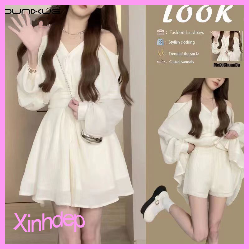 Váy Trắng Nữ Váy Ngắn Kèm Quần Short, Lệch Vai Gợi Cảm Trông Thon Gọn, Bộ Thời Trang Dự Tiệc