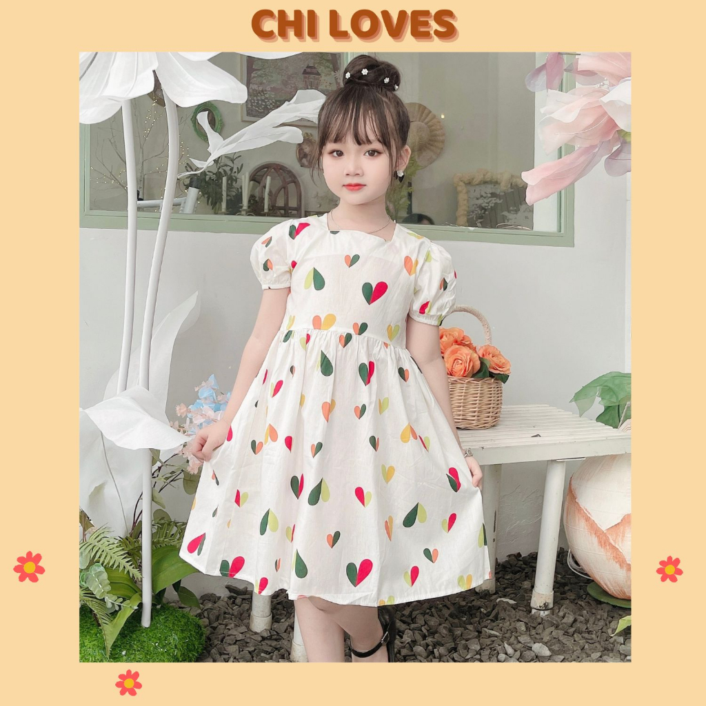 Váy bé gái 8-32kg thiết kế dáng xòe CHI LOVES. Đầm trái tim cho bé gái 1 2 3 4 5 6 7 8 tuổi V37