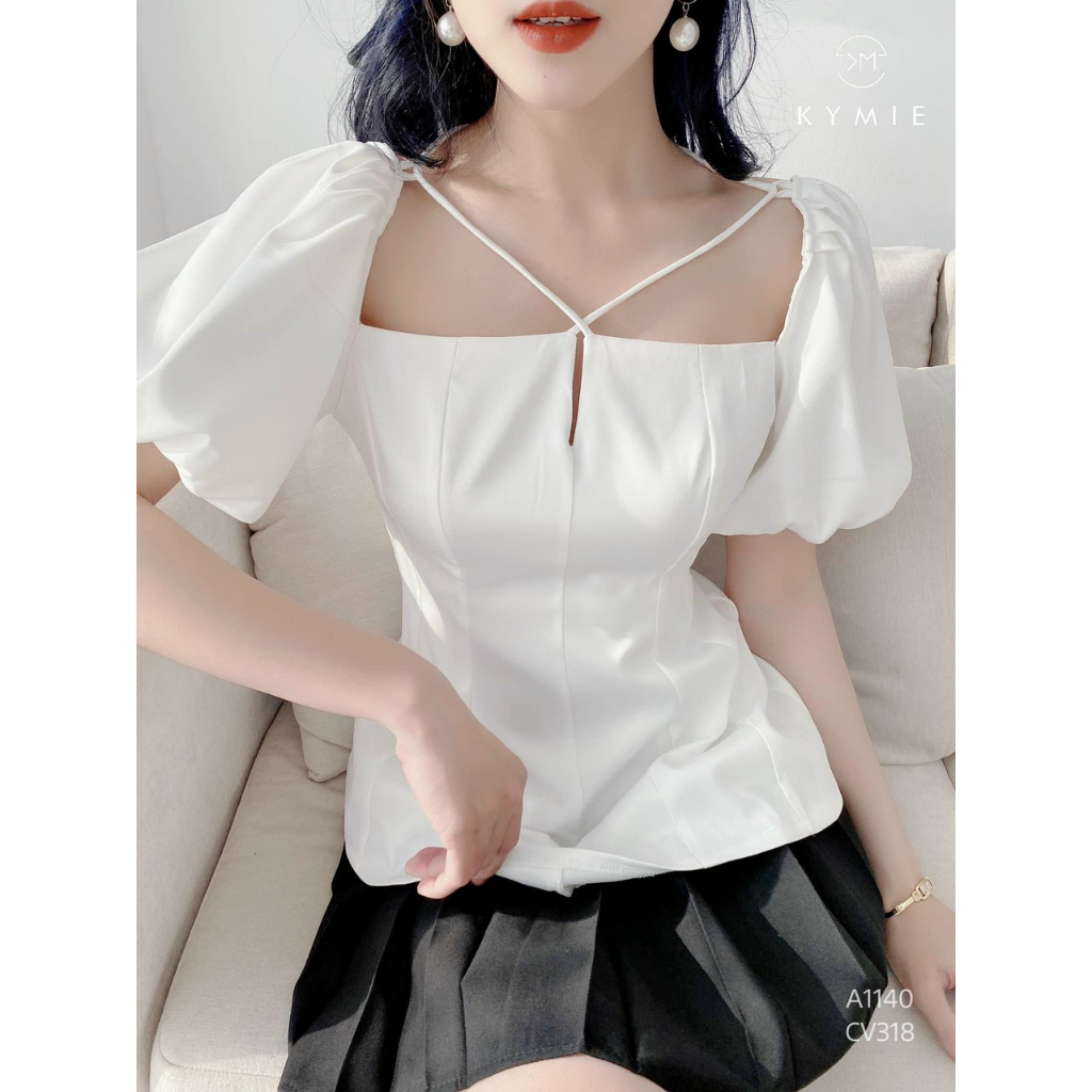 [4,4 Sales Freeship] Set bộ đùi tiểu thư, set áo trắng cổ vuông tay phồng dây chéo cổ dáng xoè phối chân váy đen ngắn dx