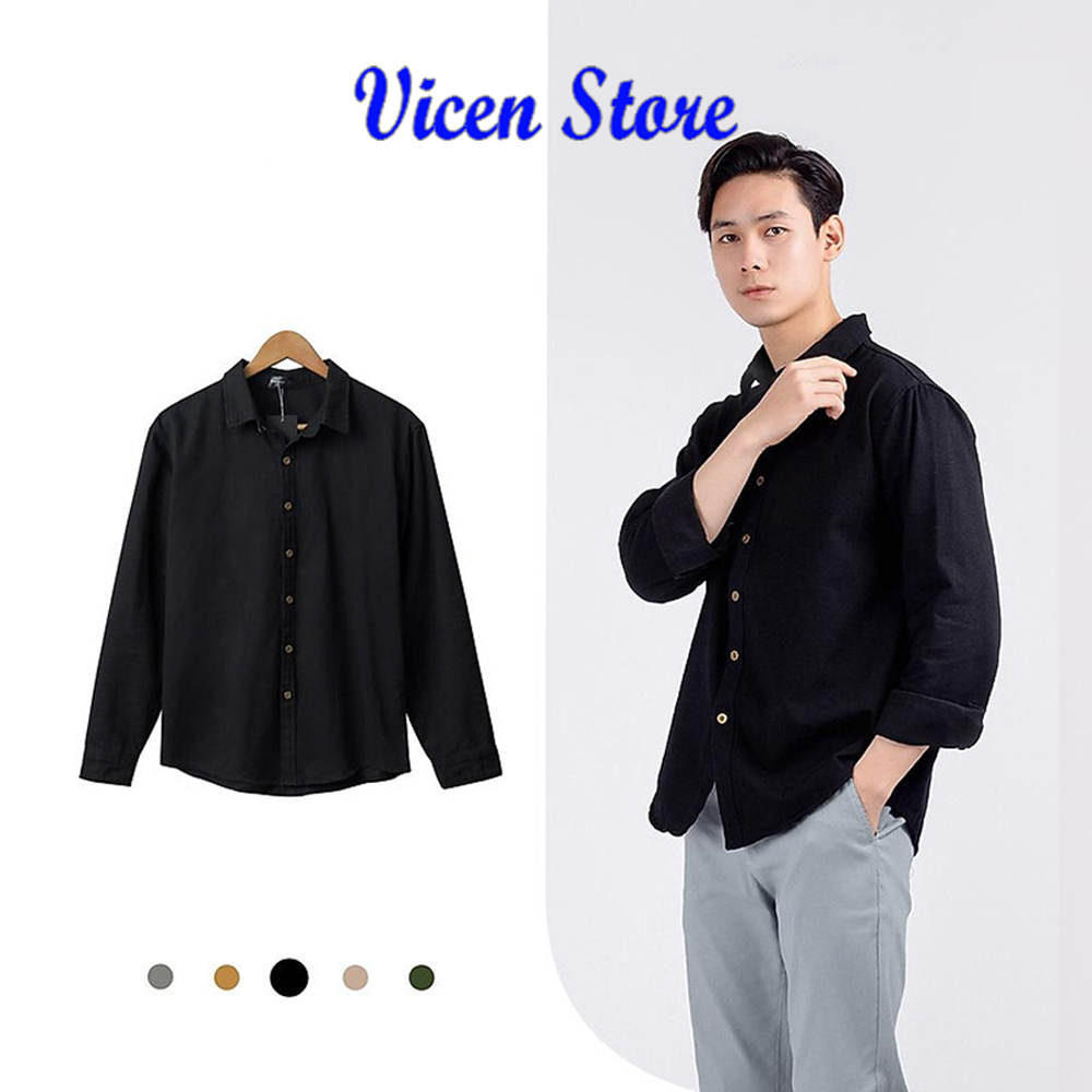 Sơ Mi Nam Cổ Đứng Tay Dài Vicenzo Chất Thô Cotton Mềm Thoáng Mát Cao Cấp, Áo Sơ Mi Tay Dài Nam Cao Cấp Mặc Đi Học Đi Làm