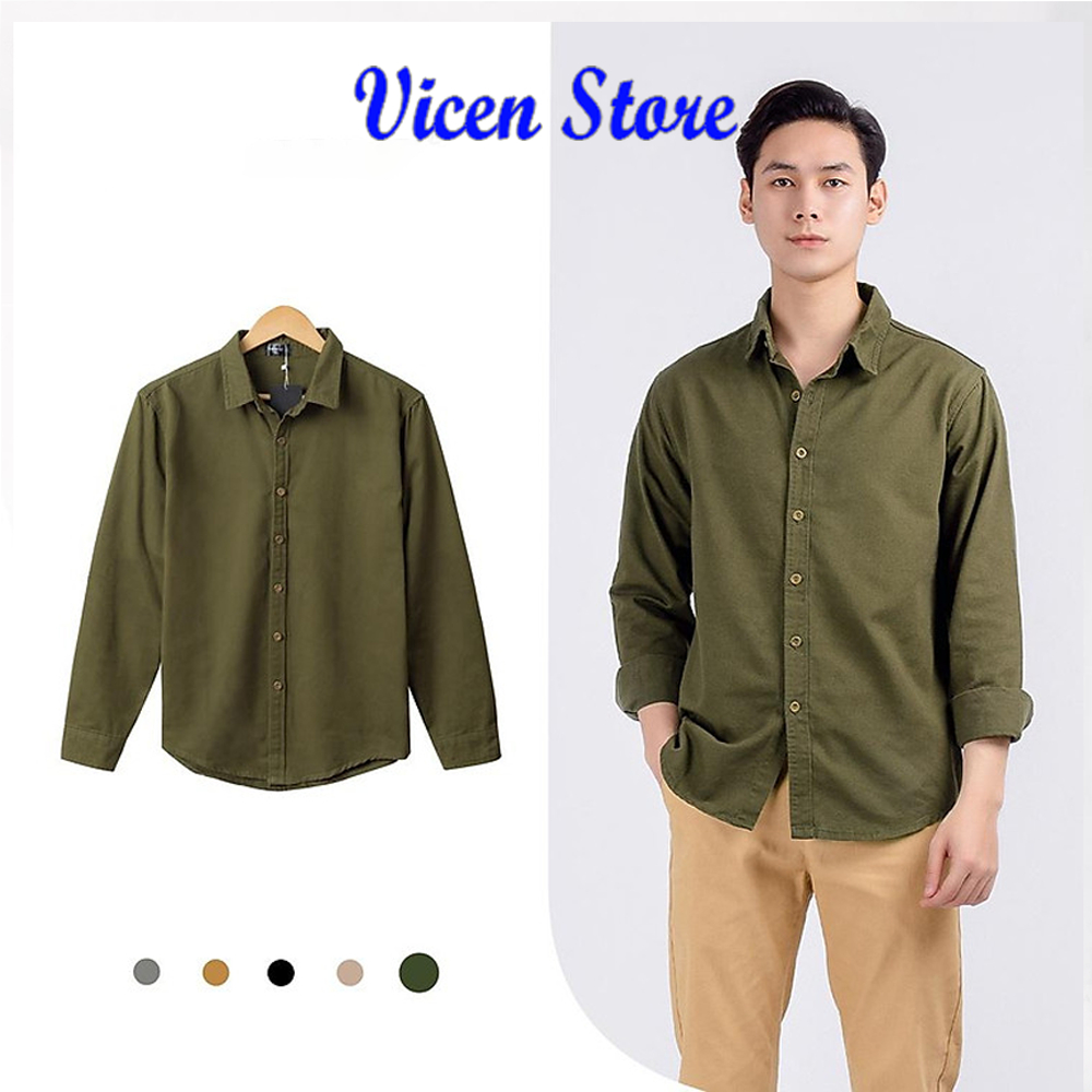 Sơ Mi Nam Cổ Đứng Tay Dài Vicenzo Chất Thô Cotton Mềm Thoáng Mát Cao Cấp, Áo Sơ Mi Tay Dài Nam Cao Cấp Mặc Đi Học Đi Làm