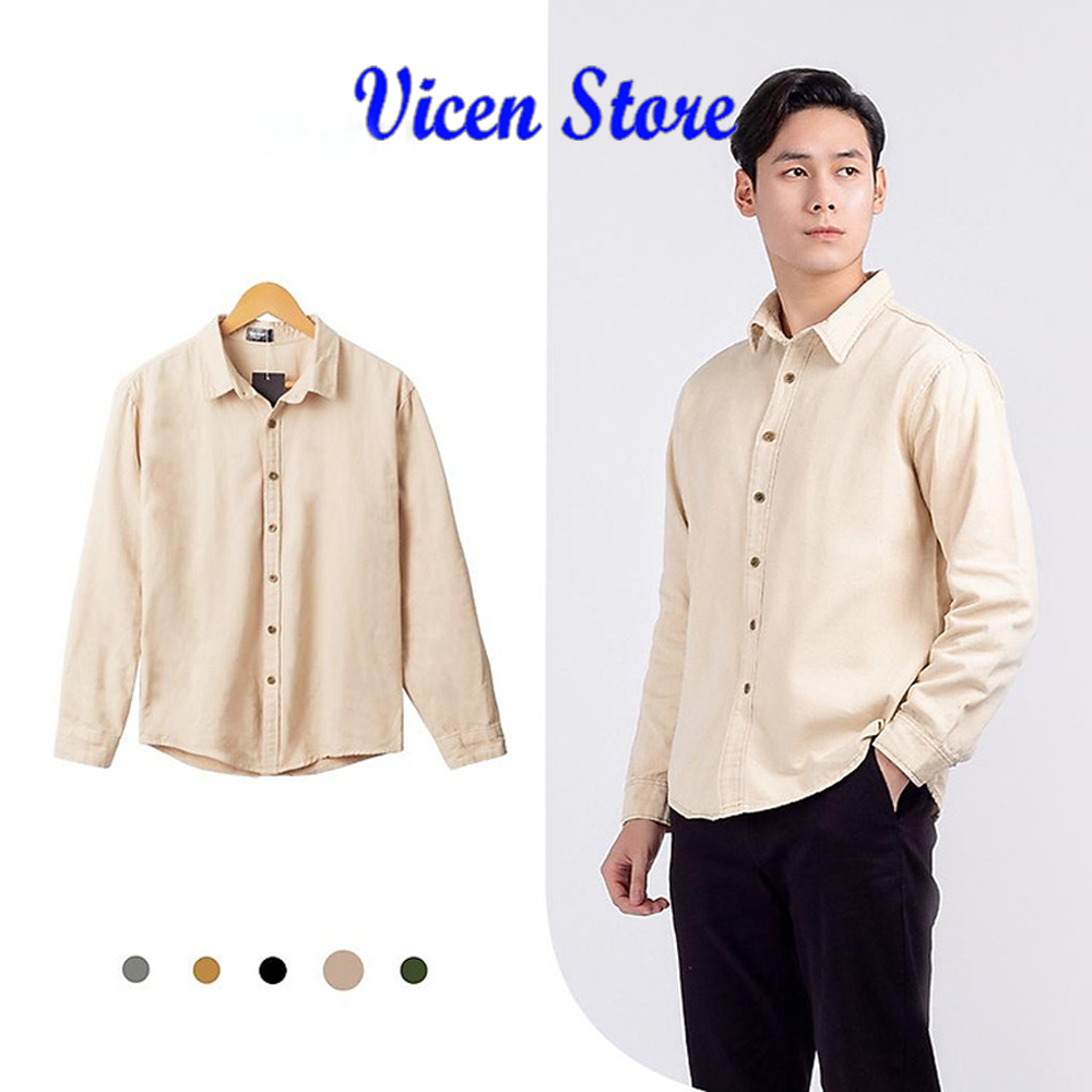 Sơ Mi Nam Cổ Đứng Tay Dài Vicenzo Chất Thô Cotton Mềm Thoáng Mát Cao Cấp, Áo Sơ Mi Tay Dài Nam Cao Cấp Mặc Đi Học Đi Làm