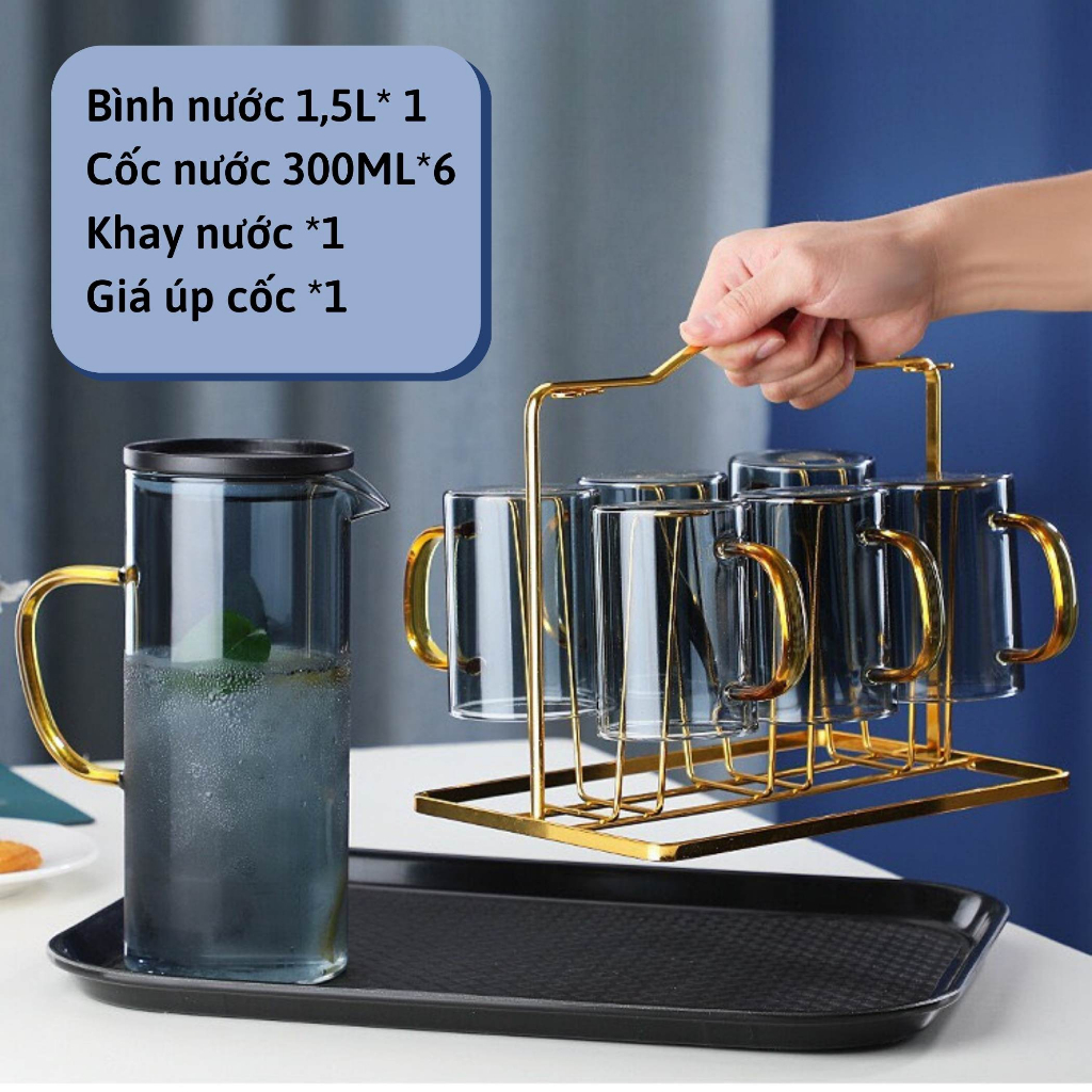 Bộ bình cốc uống nước thủy tinh chịu nhiệt cao pha trà cho bàn phòng khách phong cách sang trọng [Haza Home Decor]