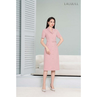 Đầm công sở cổ 2 ve LALULILL đai eo túi ốp màu hồng nude LDL2300901
