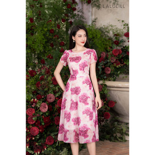 Đầm tay cánh hồng LALULILL 2 lớp voan tơ trắng hoa tím LDL2302401